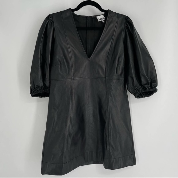 Ganni Puff Sleeve V Neck 100% Lamb Leather Dress - Picture 2 of 13